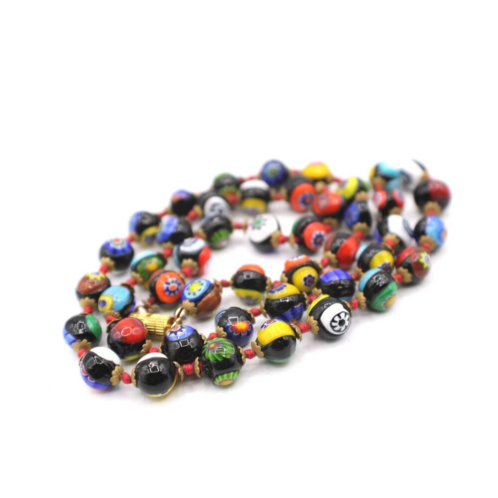 Venetian Millefiori Italian Glass Murano Bead Necklace Screw Clasp 22" Vintage - Picture 6 of 9